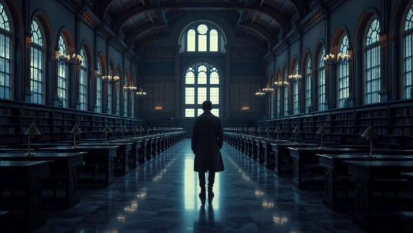Bibliothèque institutionnelle vide au crépuscule avec une silhouette de jeune diplômé de dos au fond de la salle.
