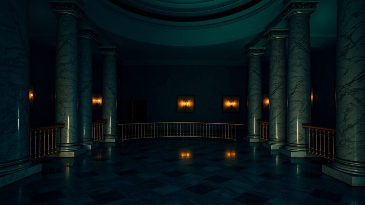 Rotonde de marbre déserte d'un palais institutionnel au crépuscule, colonnes polies et lumière chaude lointaine.