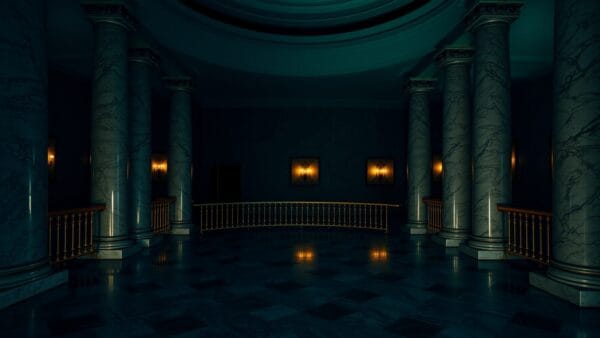 Rotonde de marbre déserte d'un palais institutionnel au crépuscule, colonnes polies et lumière chaude lointaine.