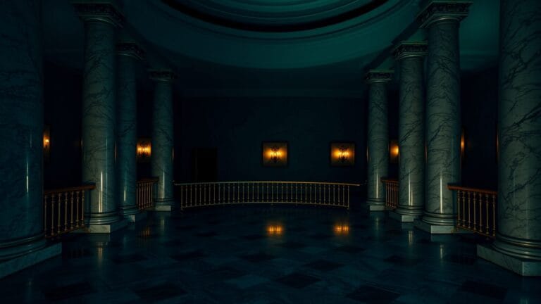 Rotonde de marbre déserte d'un palais institutionnel au crépuscule, colonnes polies et lumière chaude lointaine.