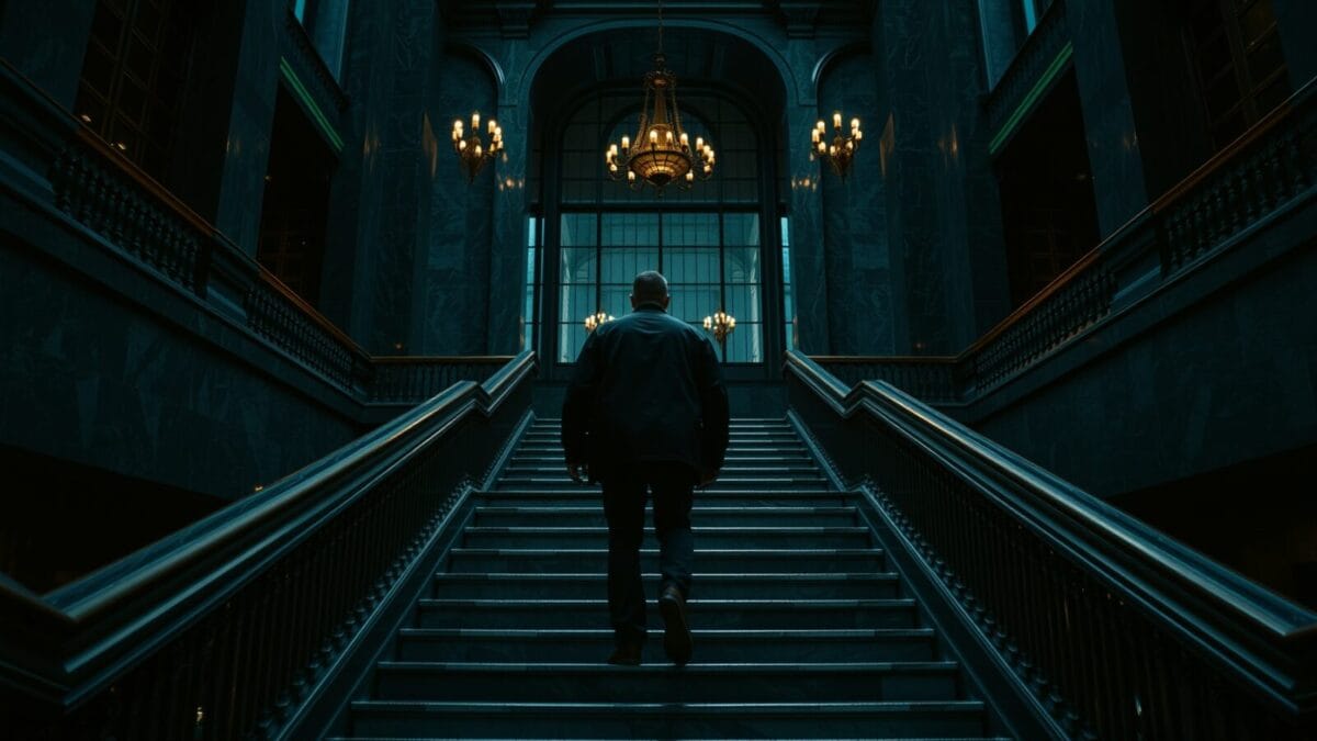 Escalier monumental en marbre d'un palais de justice, silhouette de dos en contre-plongée, lumière ambrée.
