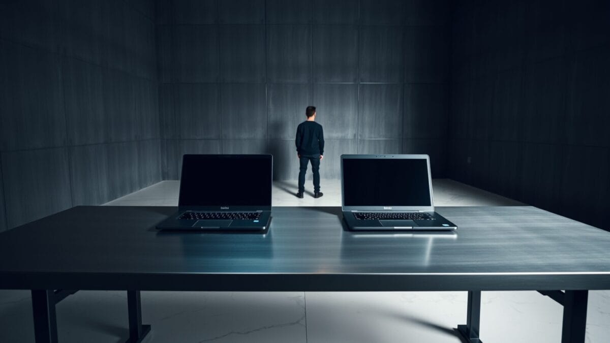 Deux ordinateurs portables fermés sur un bureau en acier, dans un atelier éditorial sobre, silhouette de dos en arrière-plan.