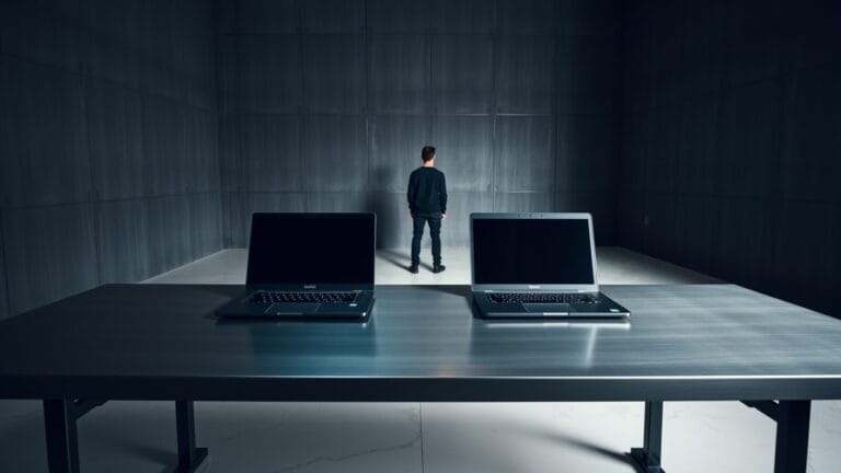 Deux ordinateurs portables fermés sur un bureau en acier, dans un atelier éditorial sobre, silhouette de dos en arrière-plan.