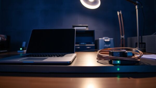 Établi de maker rangé avec ordinateur portable fermé, carte ESP32 et fils en cuivre sous lumière tamisée.