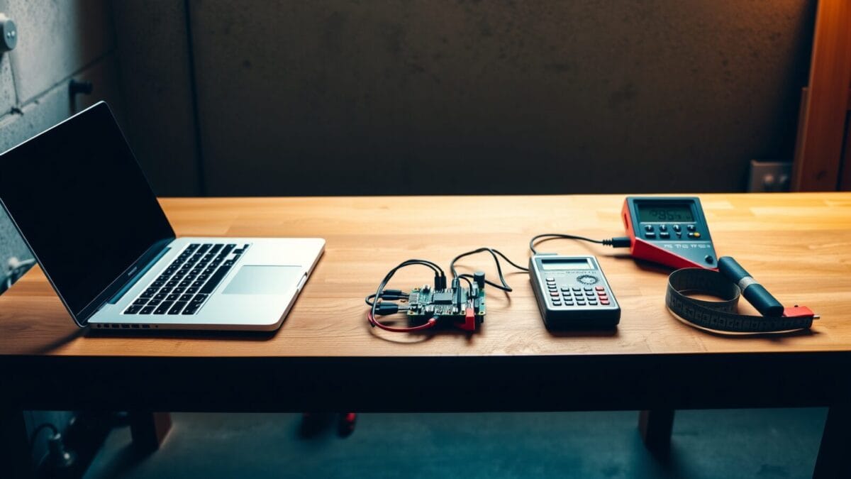 J'ai testé la vibe-coding d'outils perso pendant 30 jours : verdict honnête 1 Établi en bois avec ordinateur portable fermé, carte électronique et multimètre alignés dans un atelier domestique.