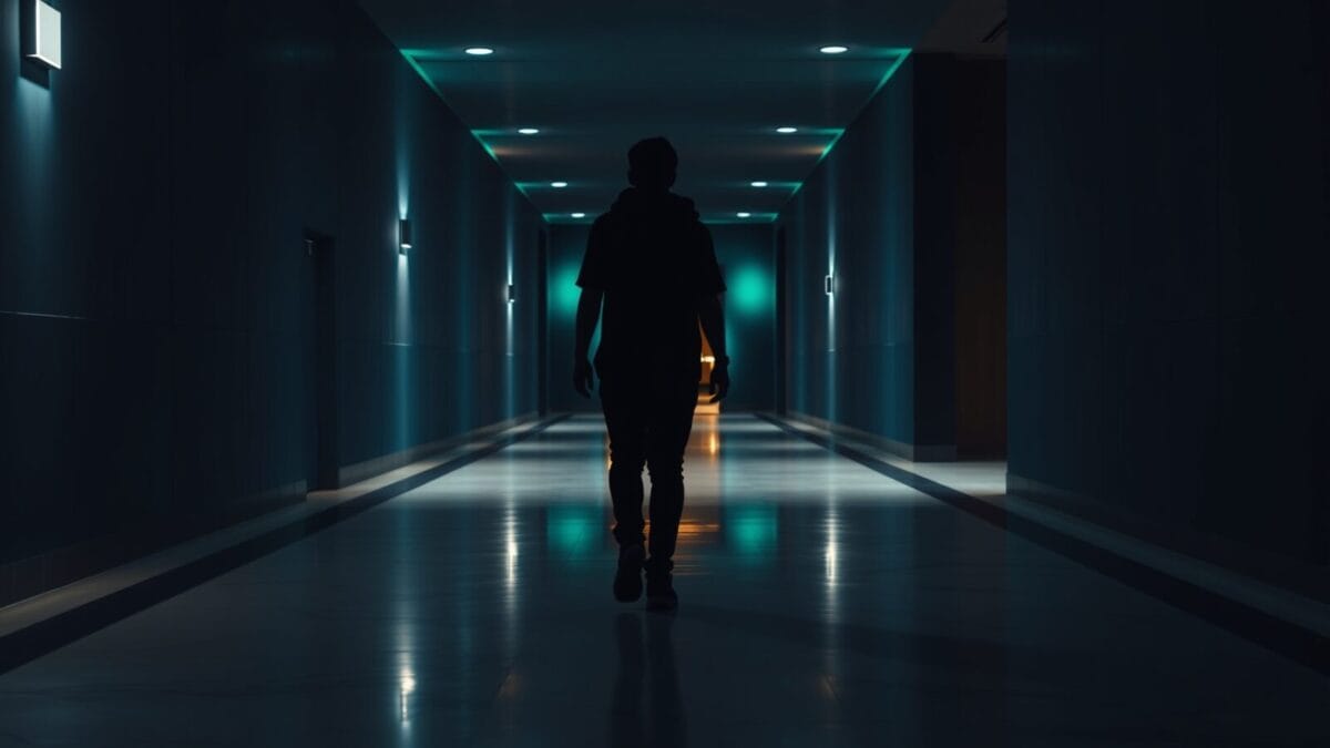 Couloir universitaire désert au crépuscule, silhouette d'étudiant de dos s'éloignant vers une porte entrouverte.