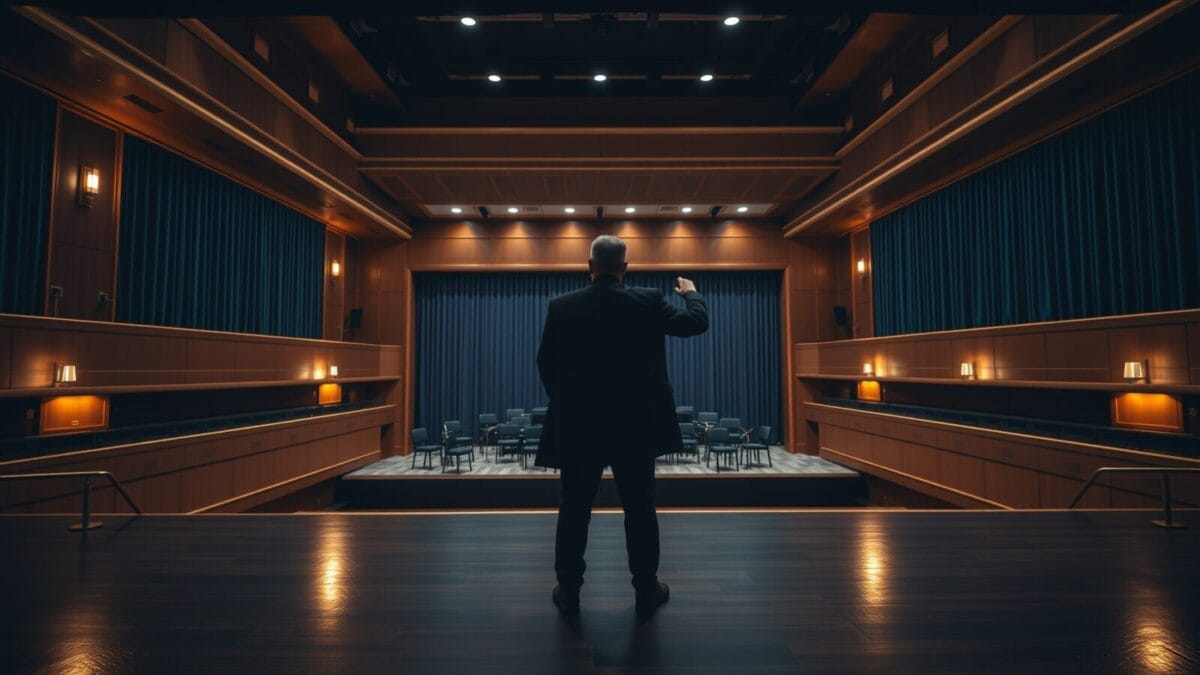 L'IA et les startups : ce que personne n'ose dire 1 Silhouette d'un chef d'orchestre de dos face à une scène vide, métaphore du fondateur-orchestrateur.