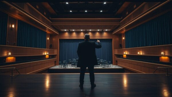 Silhouette d'un chef d'orchestre de dos face à une scène vide, métaphore du fondateur-orchestrateur.