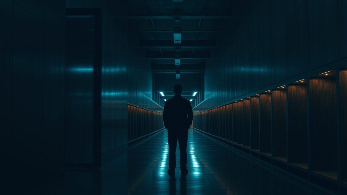 Silhouette d'un archiviste de dos face à une vaste salle d'archives institutionnelle aux étagères de chêne sombre.