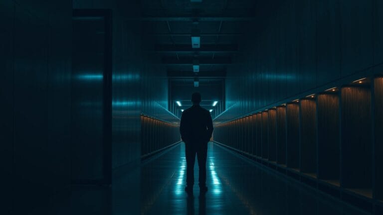 Silhouette d'un archiviste de dos face à une vaste salle d'archives institutionnelle aux étagères de chêne sombre.
