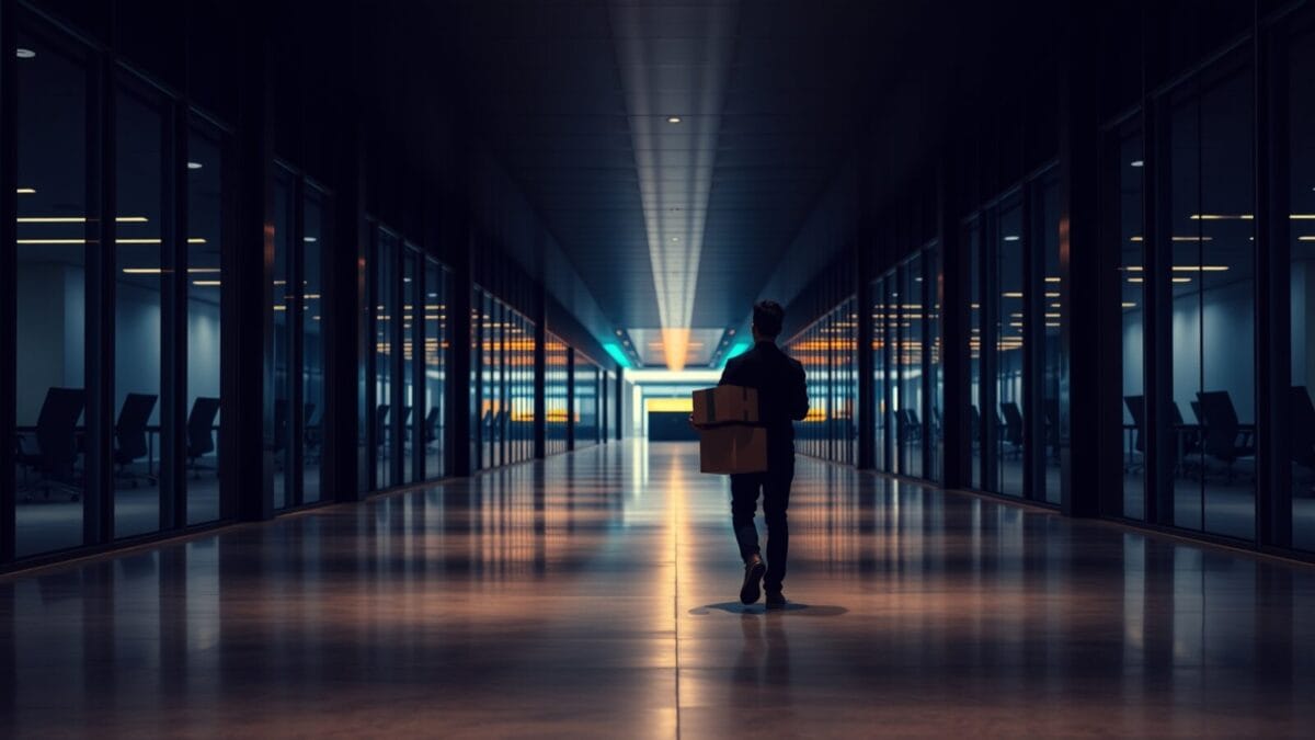 Layoffs IA : le prétexte confortable d'une surchauffe masquée. 1 Silhouette d'un salarié quittant un long couloir de bureaux vitrés à la lumière du crépuscule.