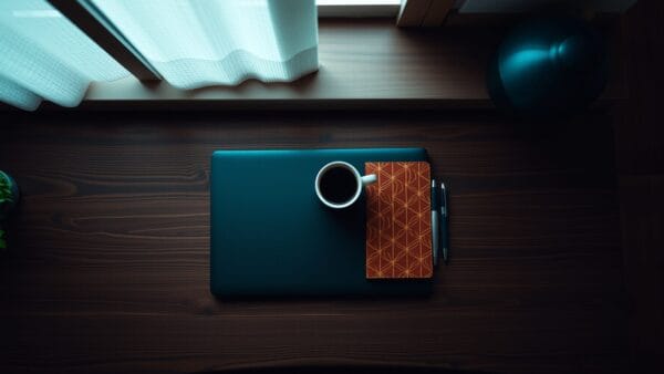 Bureau en bois sombre avec ordinateur portable fermé, carnet en cuir et tasse de café alignés.