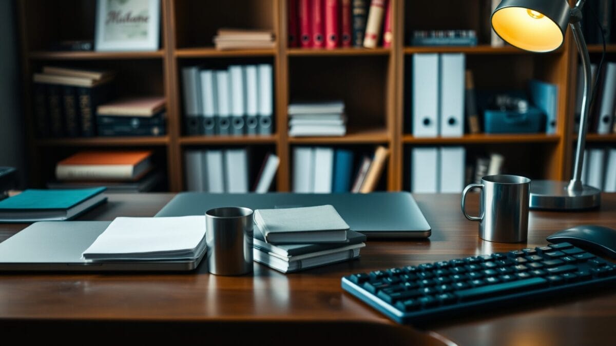 LLMs : 90 % des bugs corrigés, j'ai testé 30 jours 1 Bureau de développeur ordonné avec ordinateur portable fermé, carnets empilés et lampe en lumière chaude.