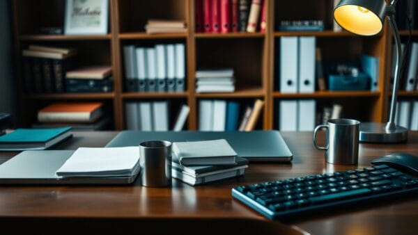 Bureau de développeur ordonné avec ordinateur portable fermé, carnets empilés et lampe en lumière chaude.