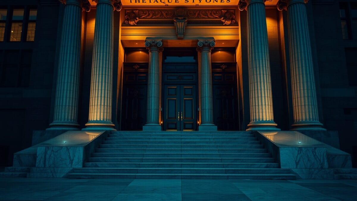 Façade d'un palais de justice en pierre au crépuscule, escalier vide et portes de bronze fermées.