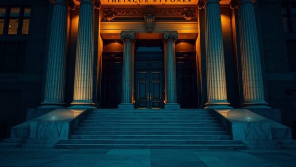 Façade d'un palais de justice en pierre au crépuscule, escalier vide et portes de bronze fermées.