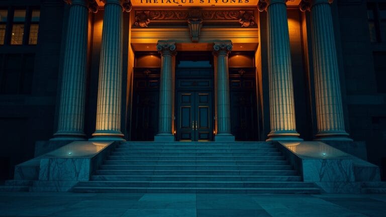 Lois US Santé IA : Interdiction de vendre données médicales aux courtiers 7 Façade d'un palais de justice en pierre au crépuscule, escalier vide et portes de bronze fermées.