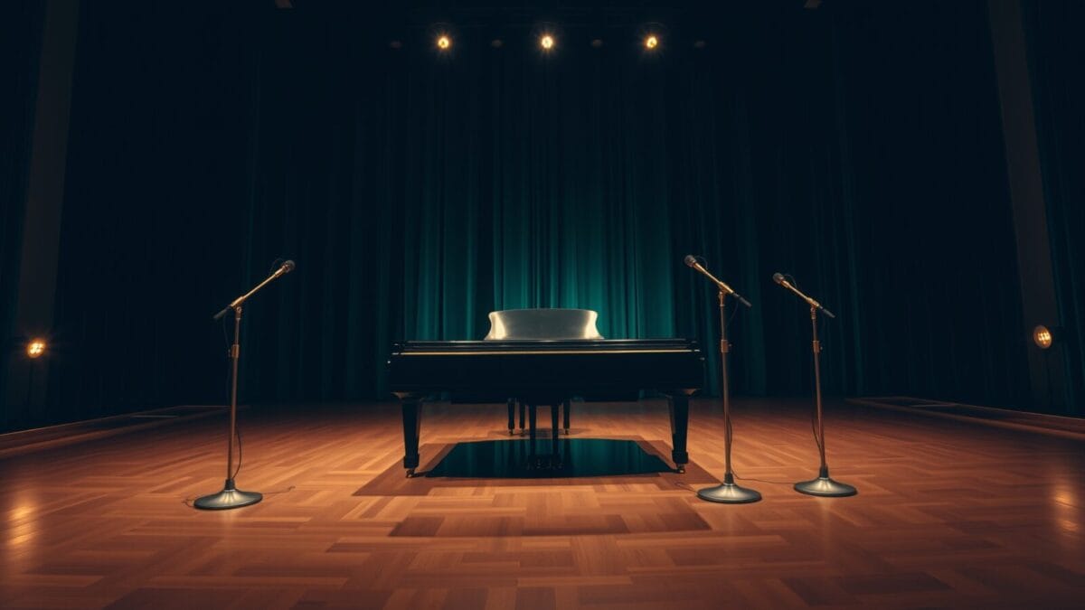 Un piano à queue seul sur la scène d'une salle de concert vide au crépuscule.