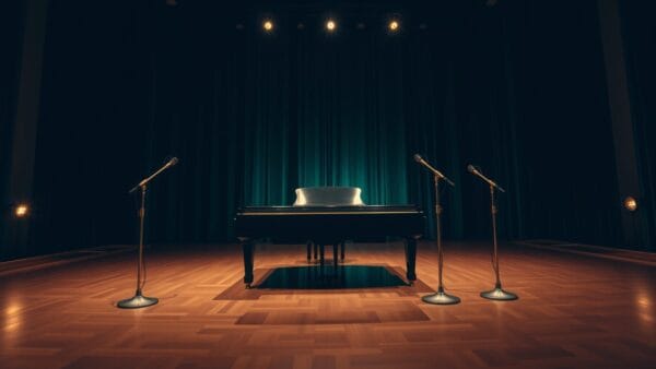 Un piano à queue seul sur la scène d'une salle de concert vide au crépuscule.