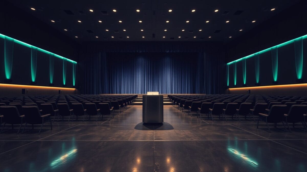 Auditorium d'entreprise vide au crépuscule, scène fermée avec pupitre en acier brossé et rideaux sombres.