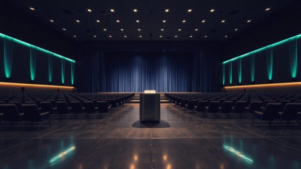 Auditorium d'entreprise vide au crépuscule, scène fermée avec pupitre en acier brossé et rideaux sombres.