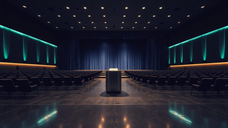 Auditorium d'entreprise vide au crépuscule, scène fermée avec pupitre en acier brossé et rideaux sombres.