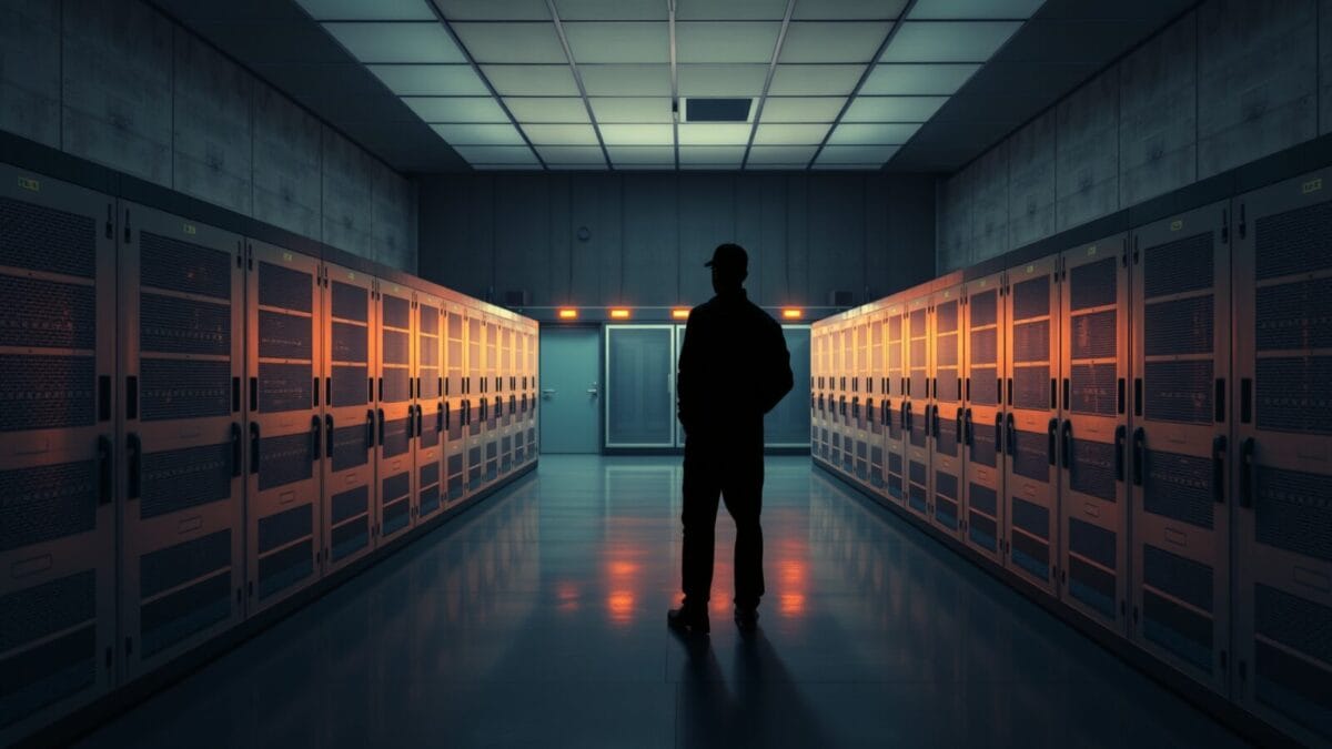 Salle de contrôle institutionnelle au crépuscule, silhouette d'un opérateur de dos parmi les serveurs.