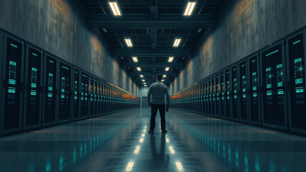 Salle d'inférence industrielle vide aux Ulis, baies de serveurs en acier brossé et silhouette d'ingénieur de dos au loin.