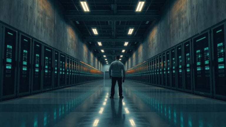 Salle d'inférence industrielle vide aux Ulis, baies de serveurs en acier brossé et silhouette d'ingénieur de dos au loin.