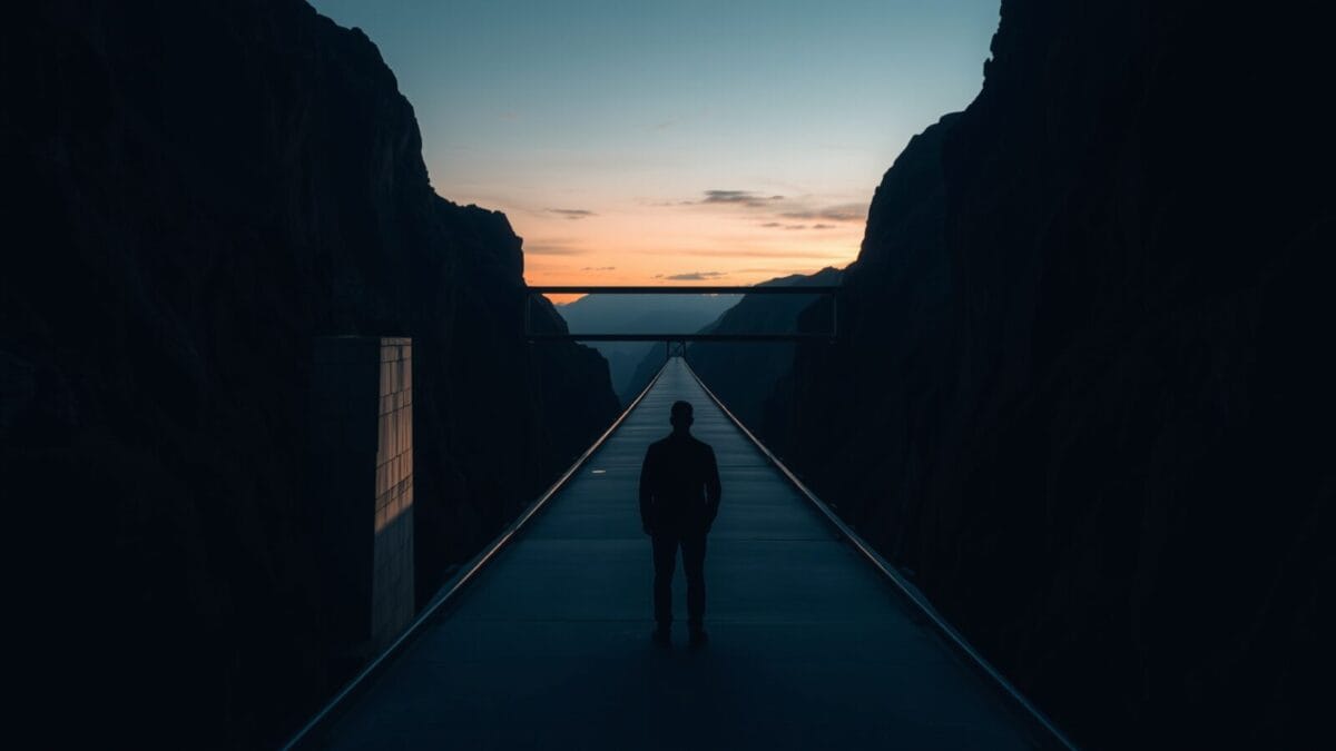 Un pont d'acier enjambant une vallée au crépuscule, silhouette de dos à l'extrémité.