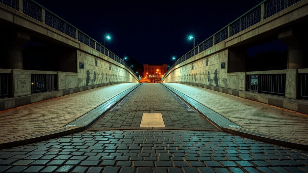 Pont de pierre au crépuscule avec deux chemins divergents, métaphore d'un choix politique sur l'IA.