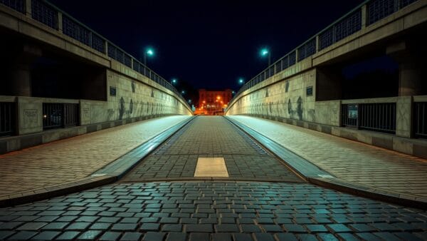 Pont de pierre au crépuscule avec deux chemins divergents, métaphore d'un choix politique sur l'IA.