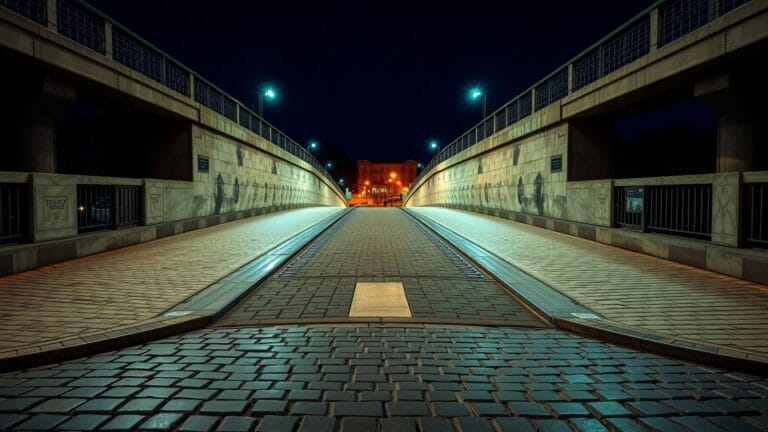 Pont de pierre au crépuscule avec deux chemins divergents, métaphore d'un choix politique sur l'IA.