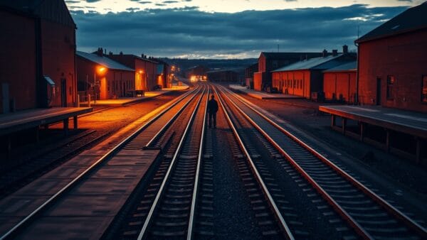 Bifurcation de rails au crépuscule dans une friche industrielle, silhouette lointaine de dos.