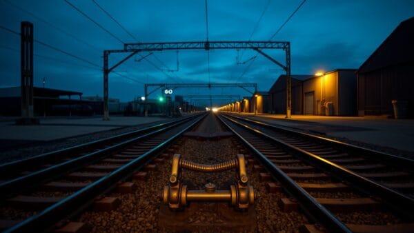 Bifurcation de rails métalliques au crépuscule, signaux lumineux verts le long des voies.