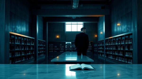Bibliothèque institutionnelle au crépuscule, silhouette de chercheur de dos devant une longue table de marbre vide.