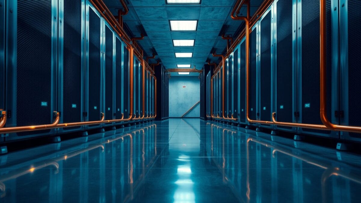 Armoires serveurs en acier reliées par des tuyaux de refroidissement liquide en cuivre dans une salle de data center.