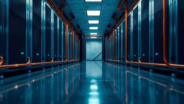 Armoires serveurs en acier reliées par des tuyaux de refroidissement liquide en cuivre dans une salle de data center.