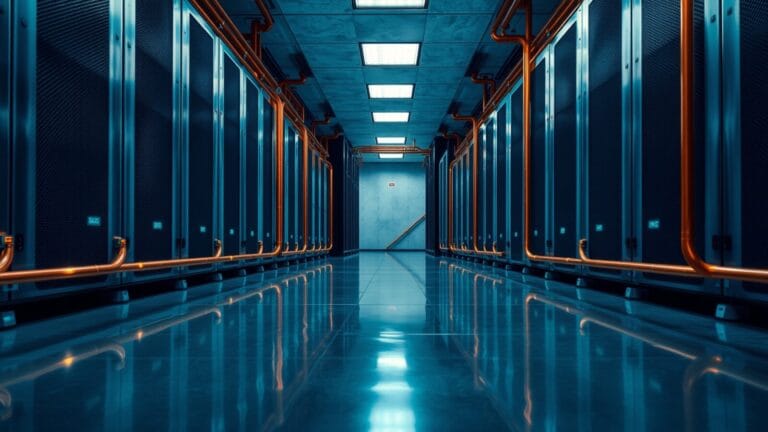 Nvidia : -100 % d'eau pour ses data centers AI 1 Armoires serveurs en acier reliées par des tuyaux de refroidissement liquide en cuivre dans une salle de data center.
