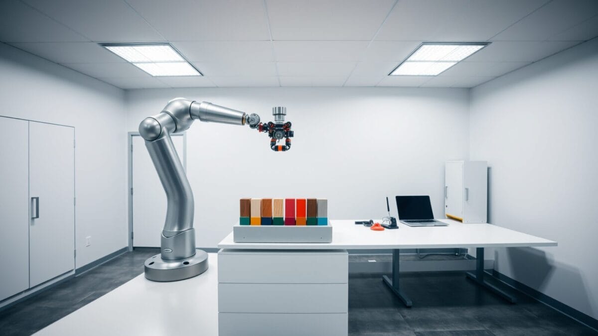 Bras robotique métallique posé sur un établi blanc dans un laboratoire de recherche en robotique.
