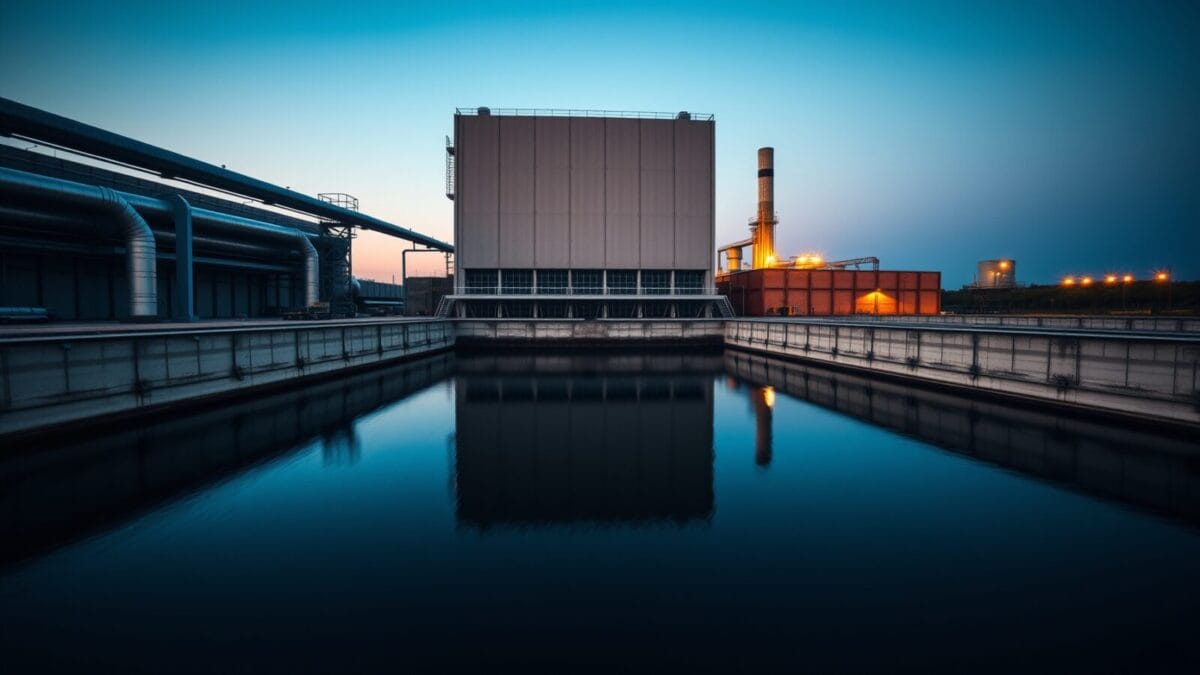 Bassin de refroidissement en béton près d'un data center au crépuscule, eau sombre et tuyaux d'acier.