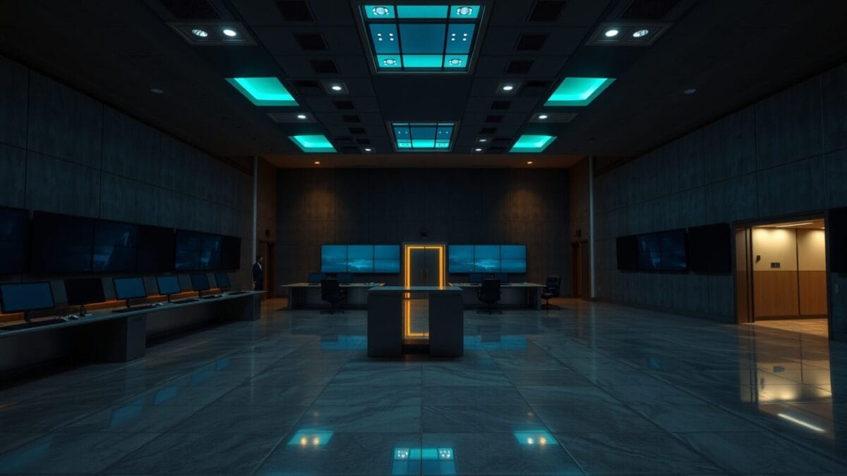 Salle de contrôle d'entreprise vide au crépuscule, consoles éteintes et éclairage tamisé.