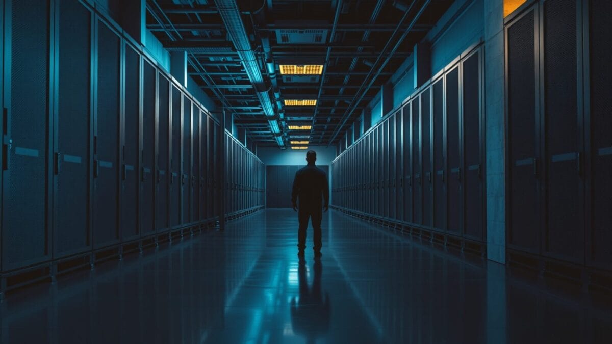 Couloir de data center industriel avec silhouette de technicien de dos au fond