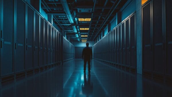 Couloir de data center industriel avec silhouette de technicien de dos au fond