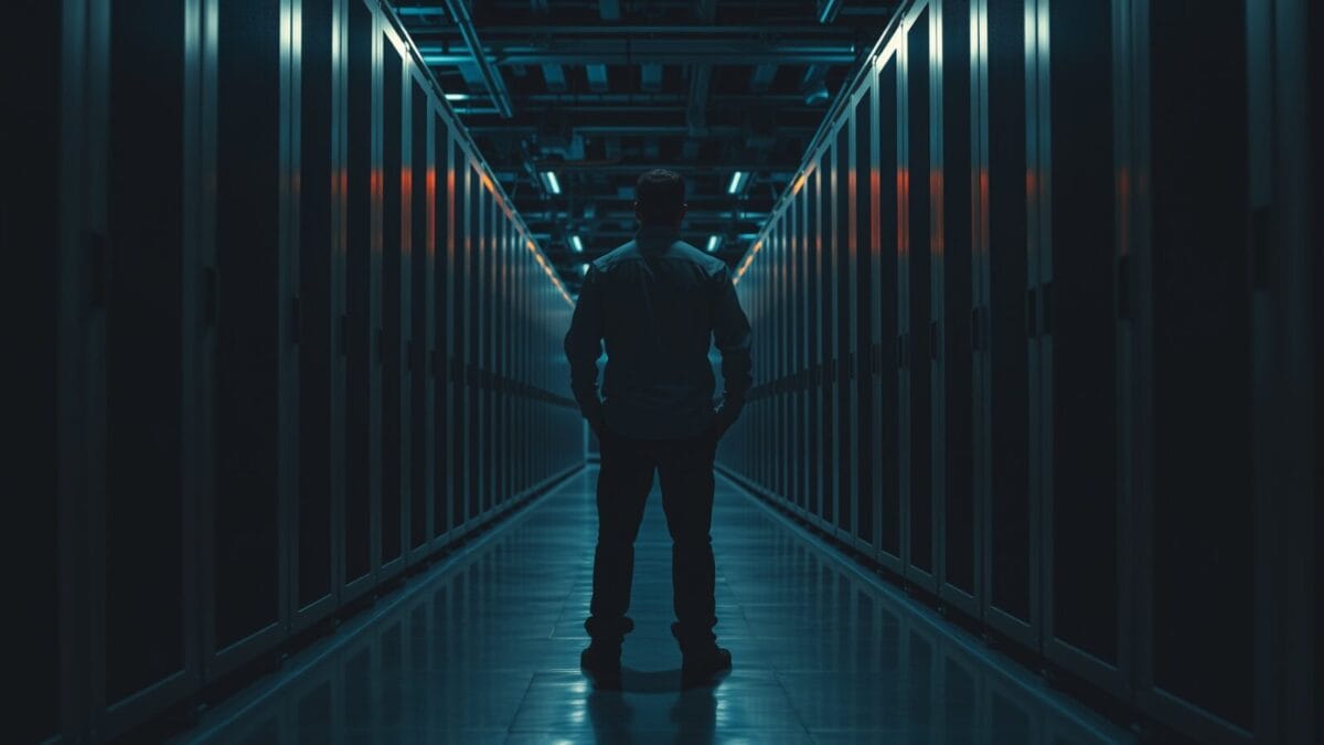 Allée d'un centre de données aux racks d'acier brossé, silhouette d'un technicien de dos au fond.