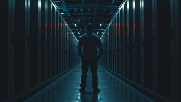 Allée d'un centre de données aux racks d'acier brossé, silhouette d'un technicien de dos au fond.