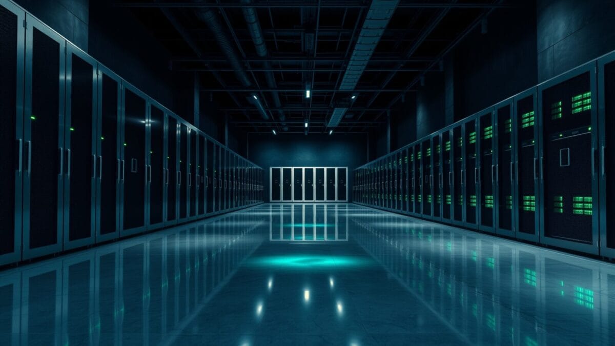 OpenAI rachète Ona pour des agents Codex persistants 1 Salle de serveurs déserte aux indicateurs lumineux émeraude le long d'armoires en acier brossé.