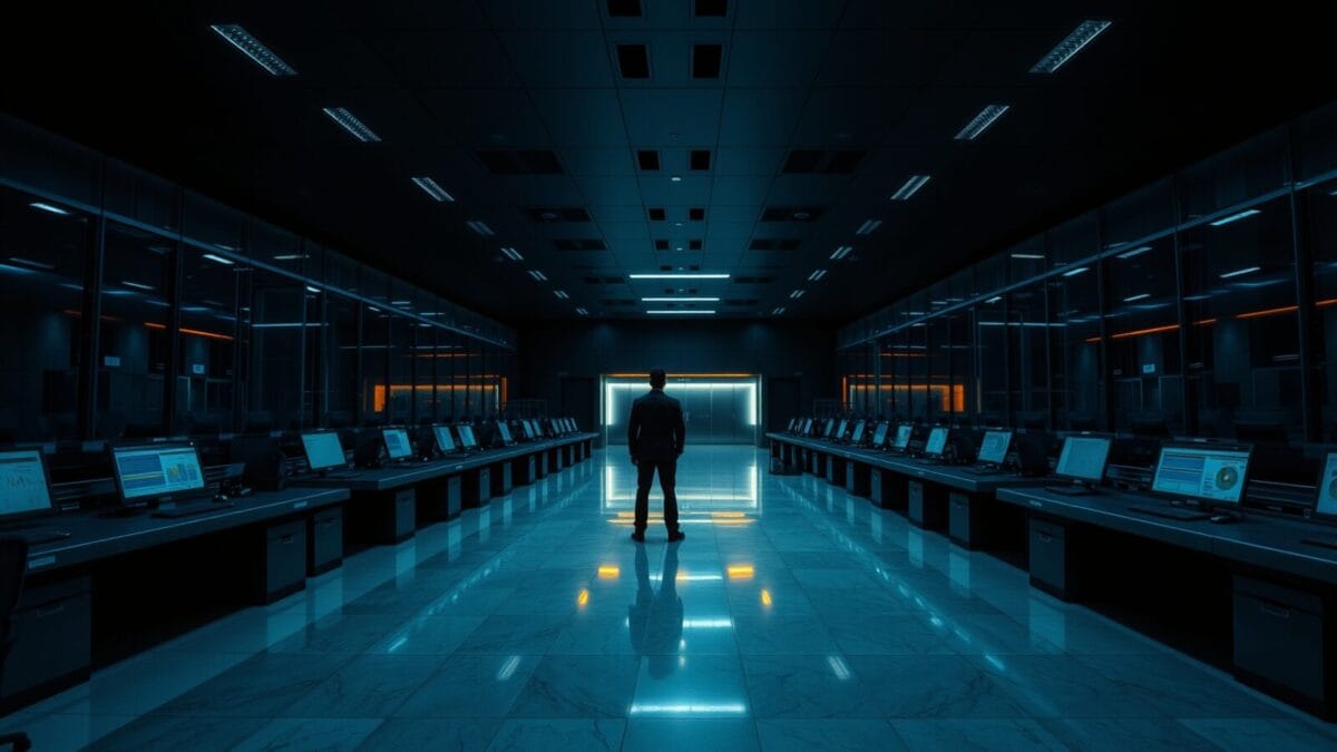 Salle de contrôle institutionnelle vide au crépuscule, silhouette d'un analyste de dos au fond du corridor.
