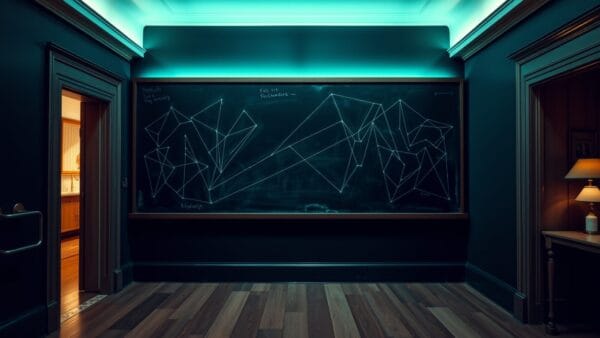 Tableau noir avec diagrammes géométriques effacés dans un couloir feutré de département de mathématiques.