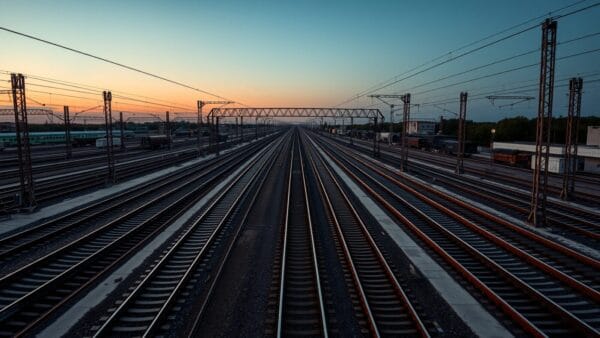 Faisceau de voies ferrées convergentes au crépuscule, la plupart vides, une seule ligne nette filant tout droit.